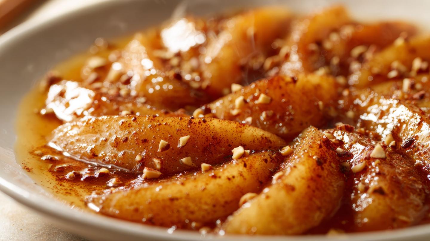 Caramelized pear slices topped with chopped nuts on a plate.