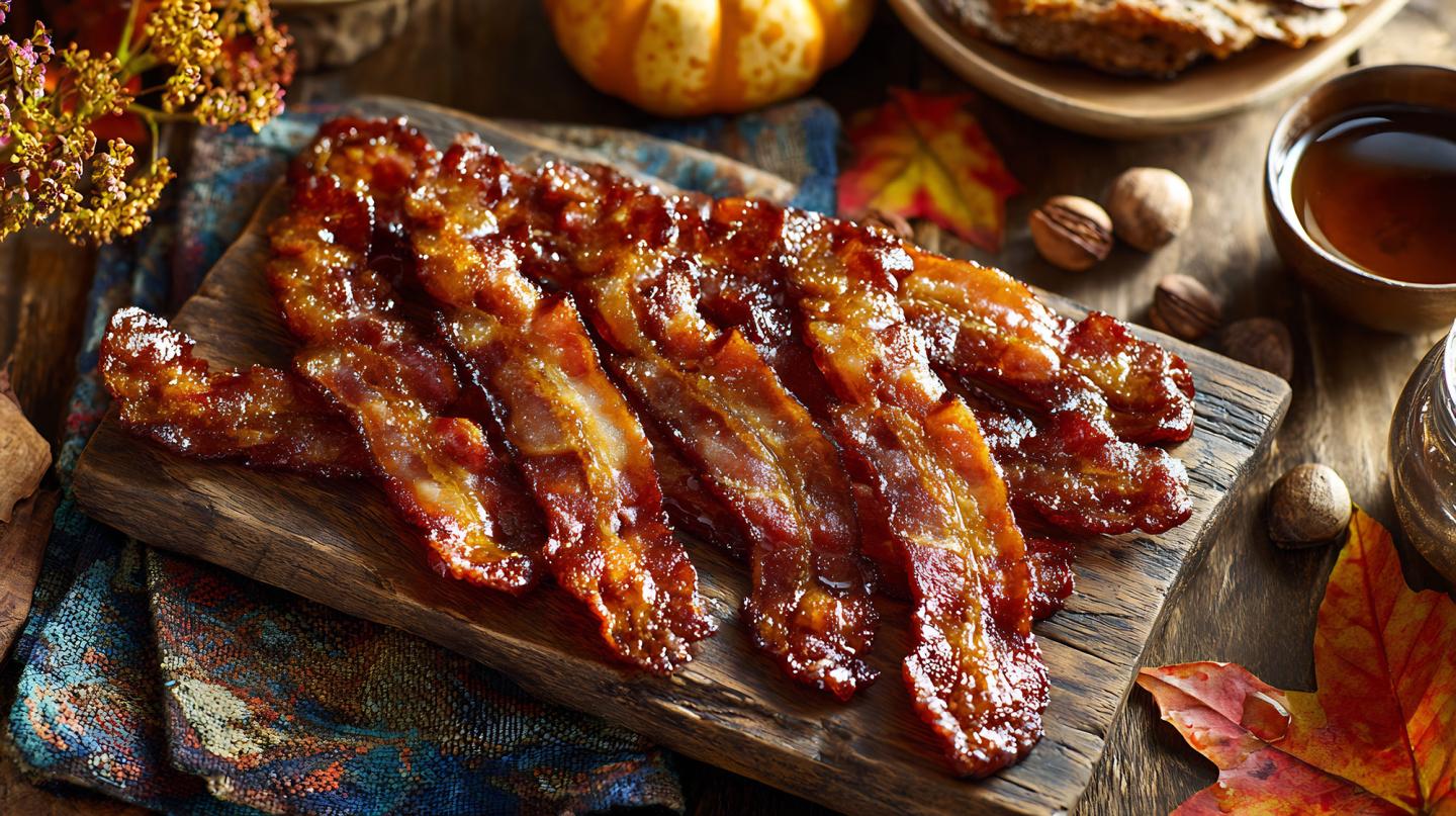 Candied bacon strips on a wooden board, autumn decor nearby.