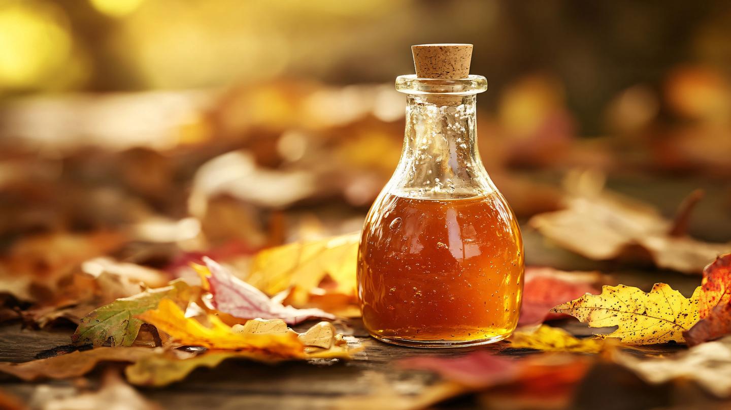 A small glass bottle with a cork, filled with amber liquid, surrounded by autumn leaves.