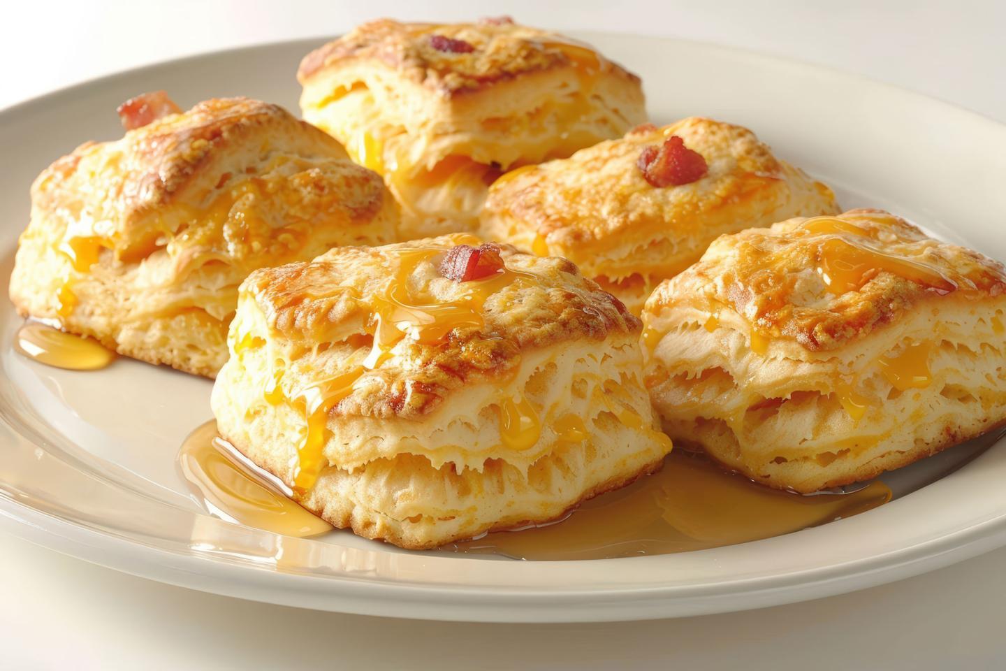 Fluffy biscuits with syrup on a plate.