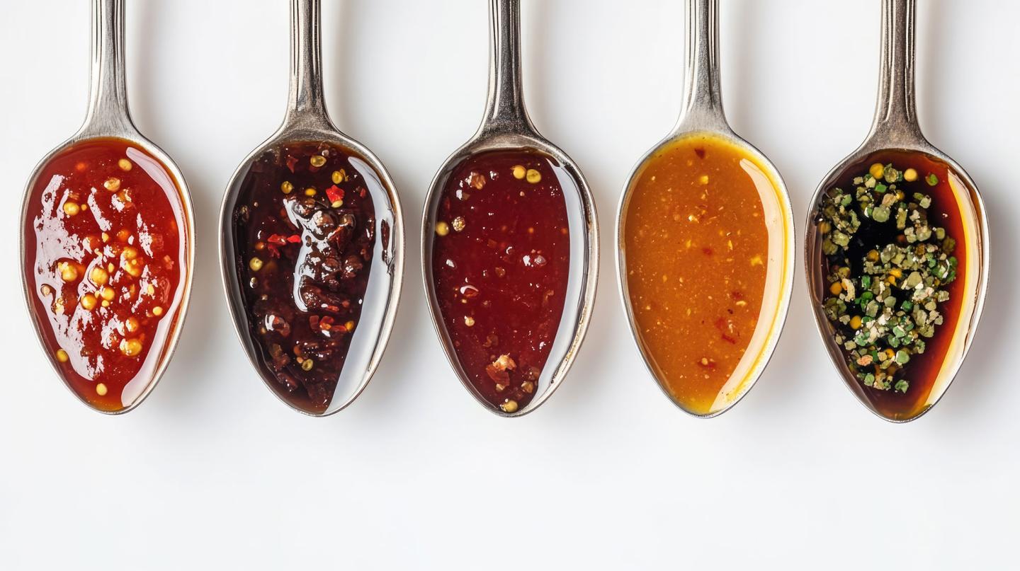 Five spoons of various colorful sauces on a white background.