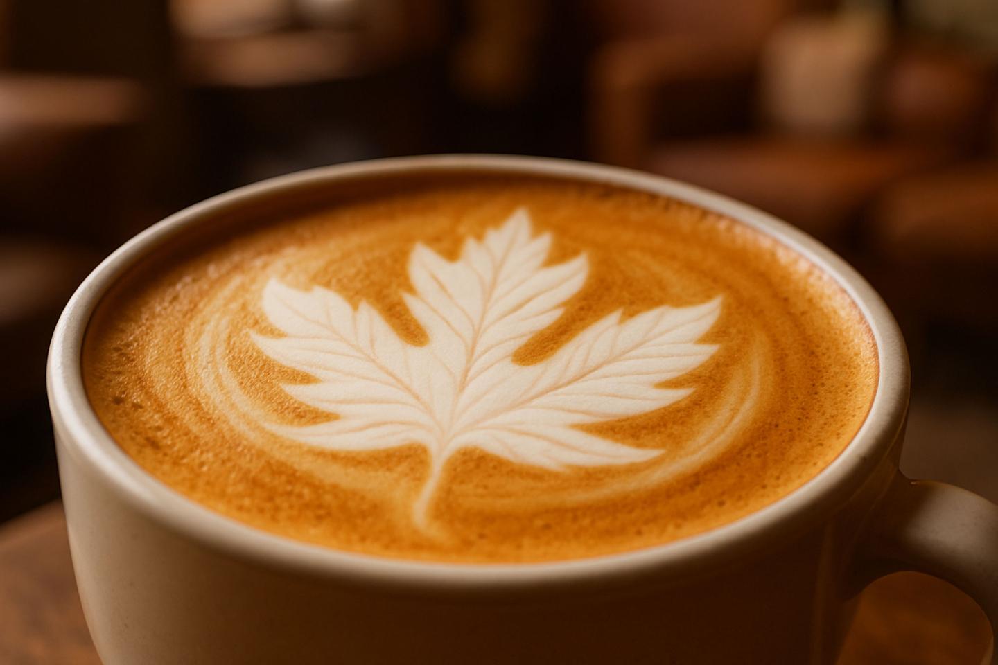Latte art with a leaf design in a cozy cafe setting.