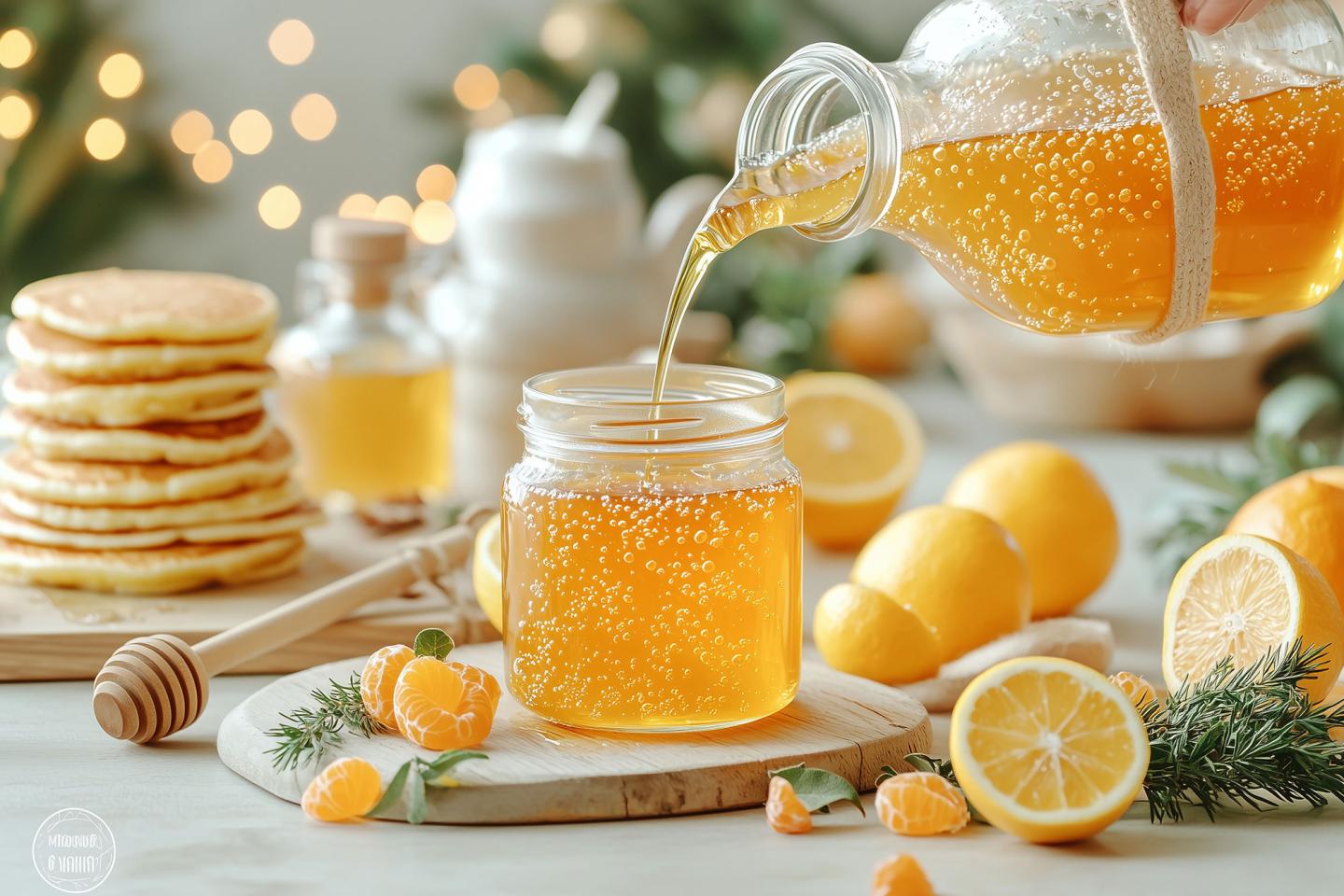 Honey poured into a jar, surrounded by pancakes, lemons, and festive lights.