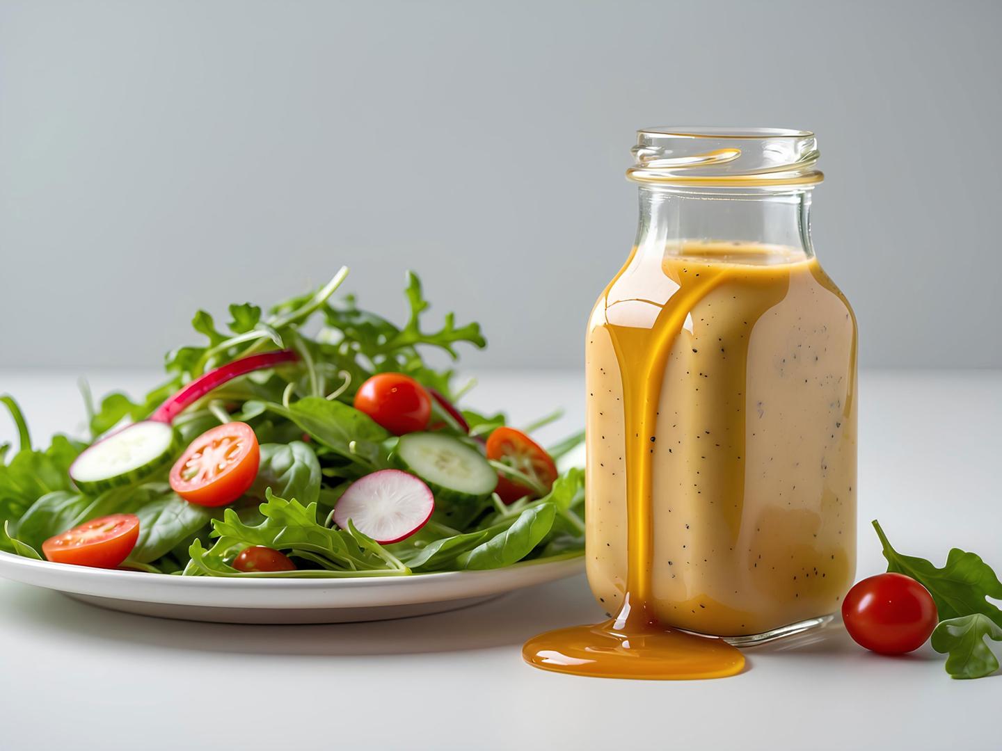 Salad with cherry tomatoes and cucumbers next to a jar of orange dressing.