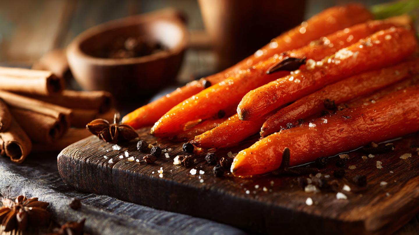 Roasted carrots with spices on a wooden board.