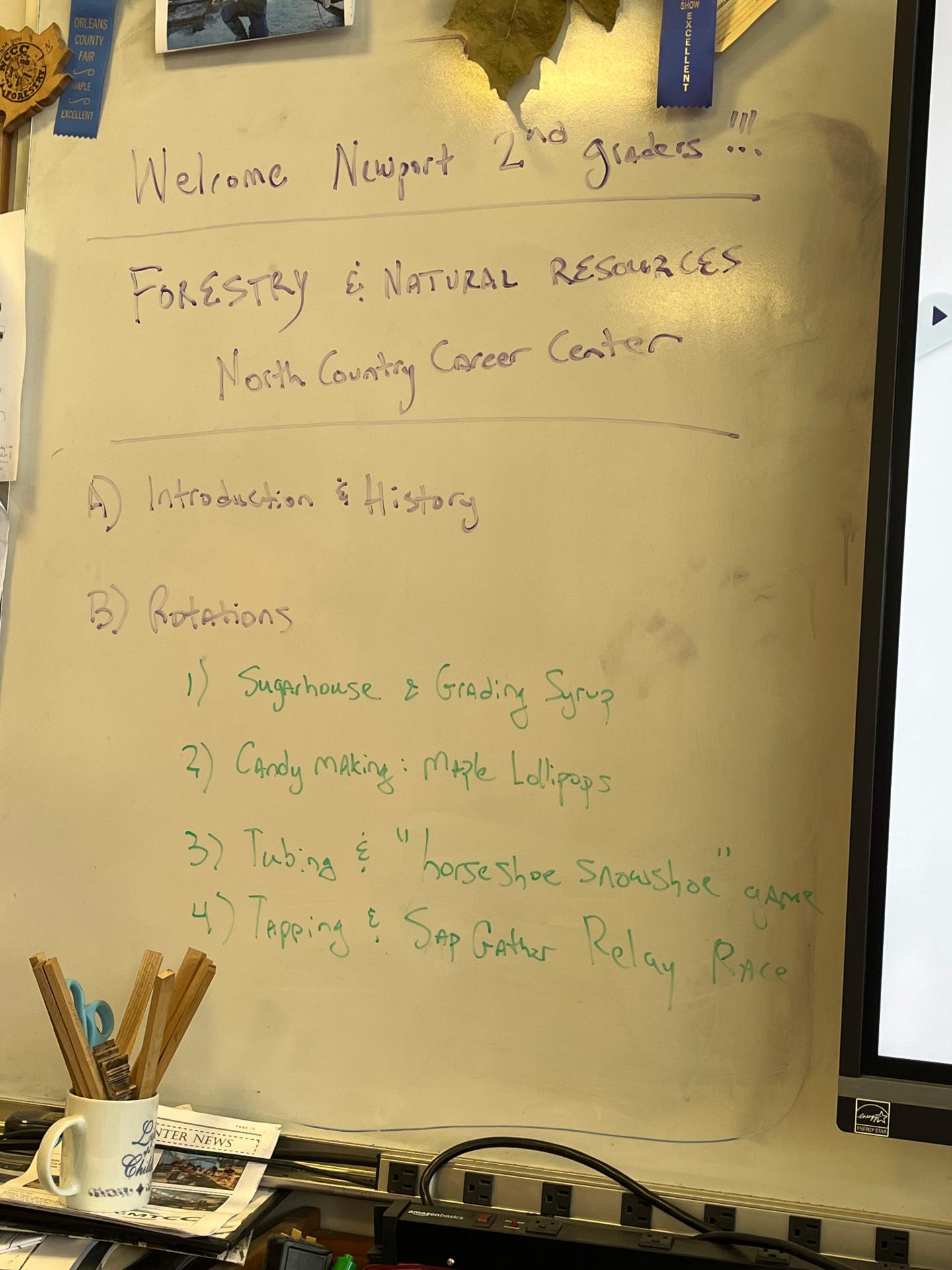 Whiteboard with handwritten workshop agenda and notes.