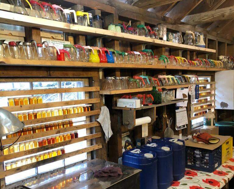 Colorful maple syrup bottles on wooden shelves in rustic setting.