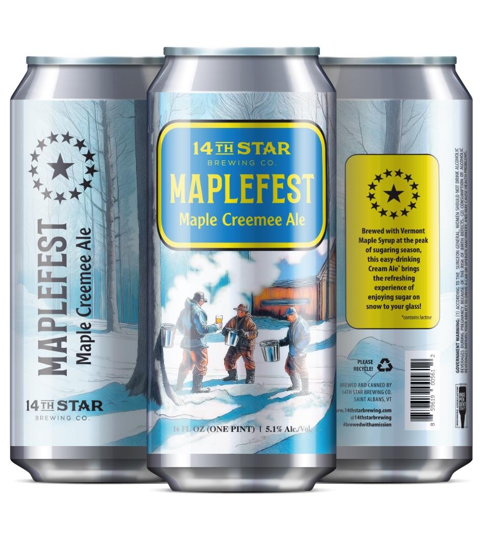 Three cans of maple cream ale with winter scene artwork.