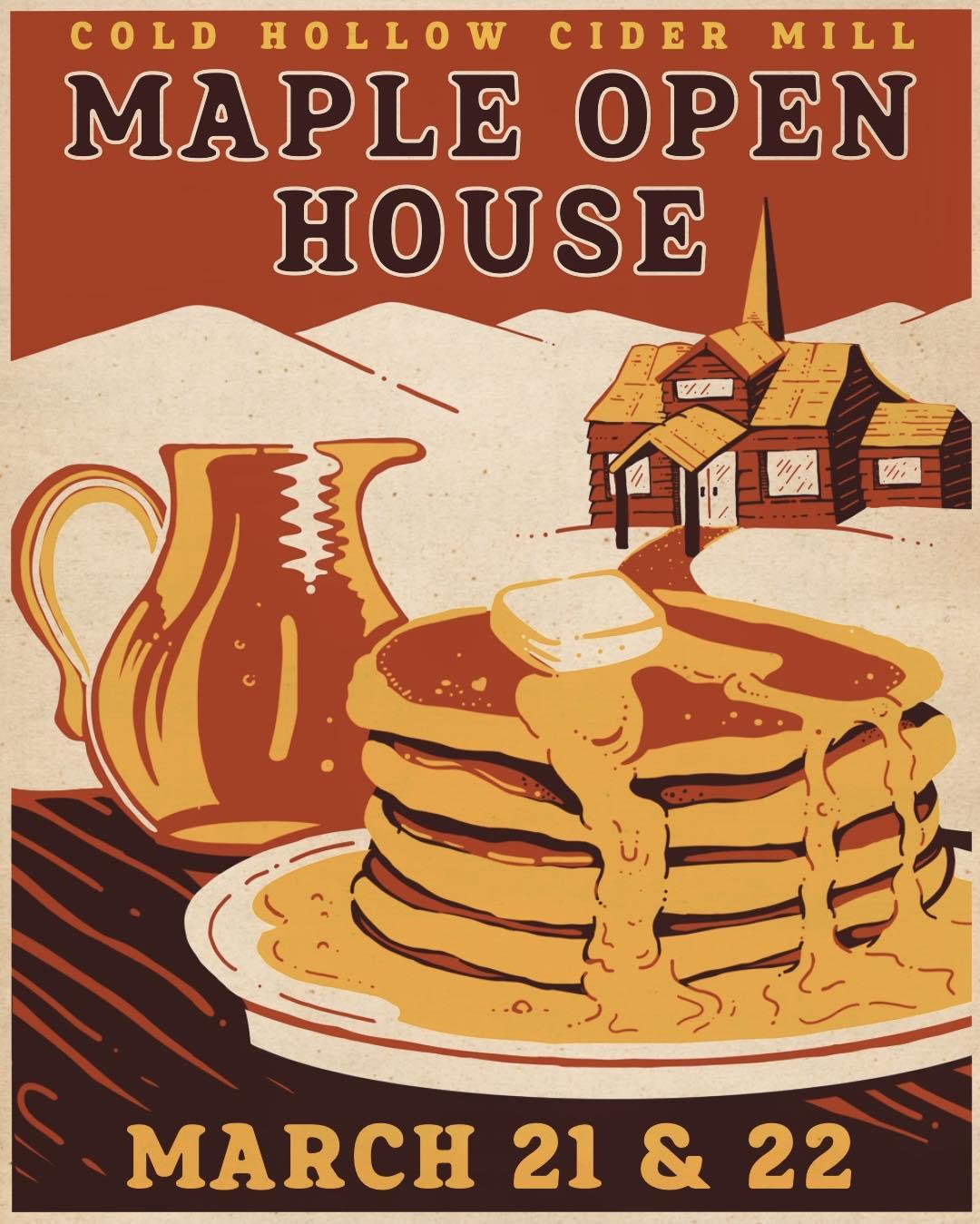 Stack of pancakes with syrup, butter, a jug, and log cabin, in a vintage-style illustration.