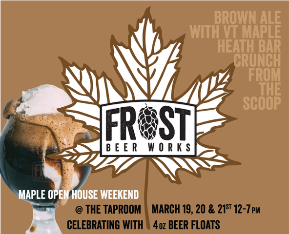 Beer float and Frost Beer Works logo on a maple leaf background.