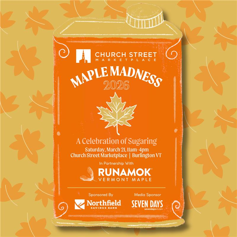Orange carton graphic with "Maple Madness 2026" text surrounded by maple leaf designs.