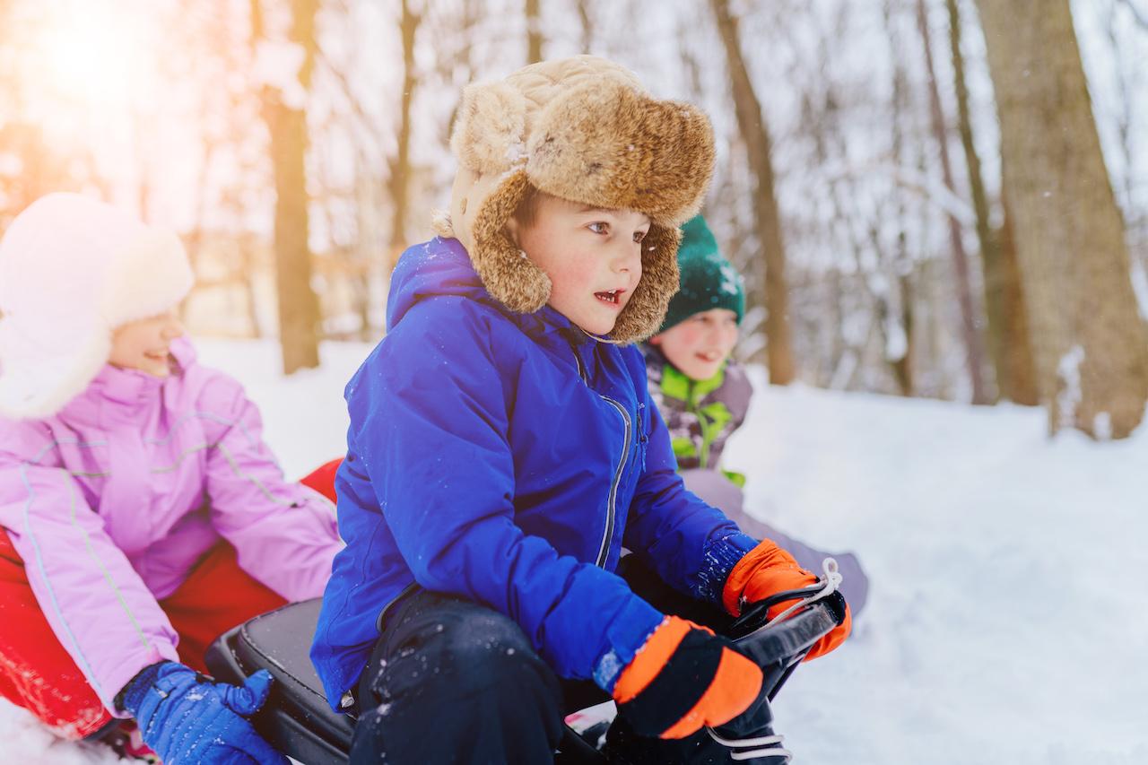 Children in winter clothes sledding through a snowy forest.
