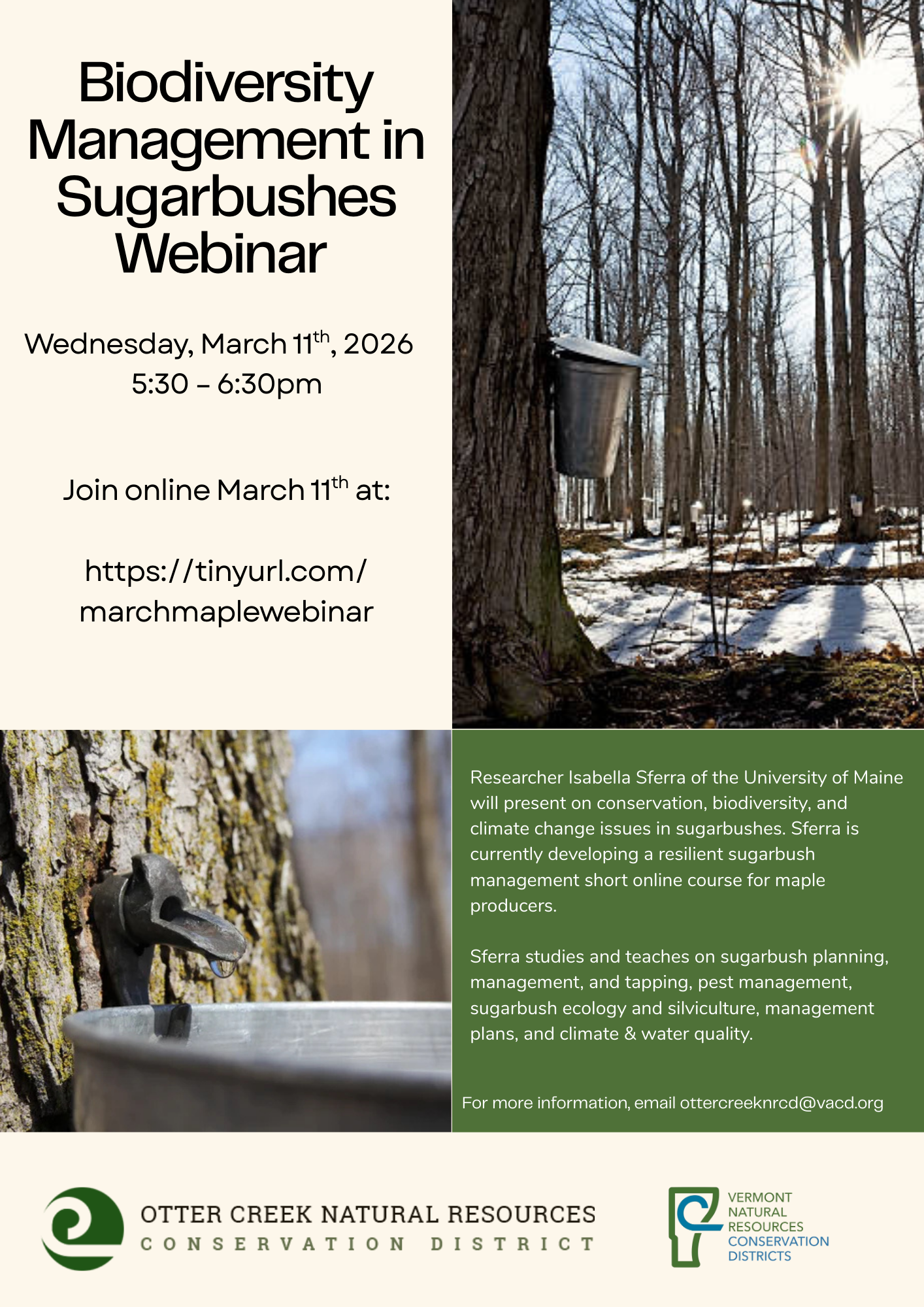 Webinar flyer with snowy forest and maple syrup tap images.