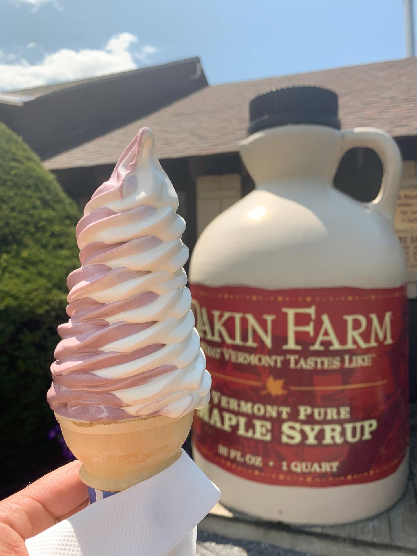 Soft serve ice cream cone held in front of a large maple syrup jug outdoors.
