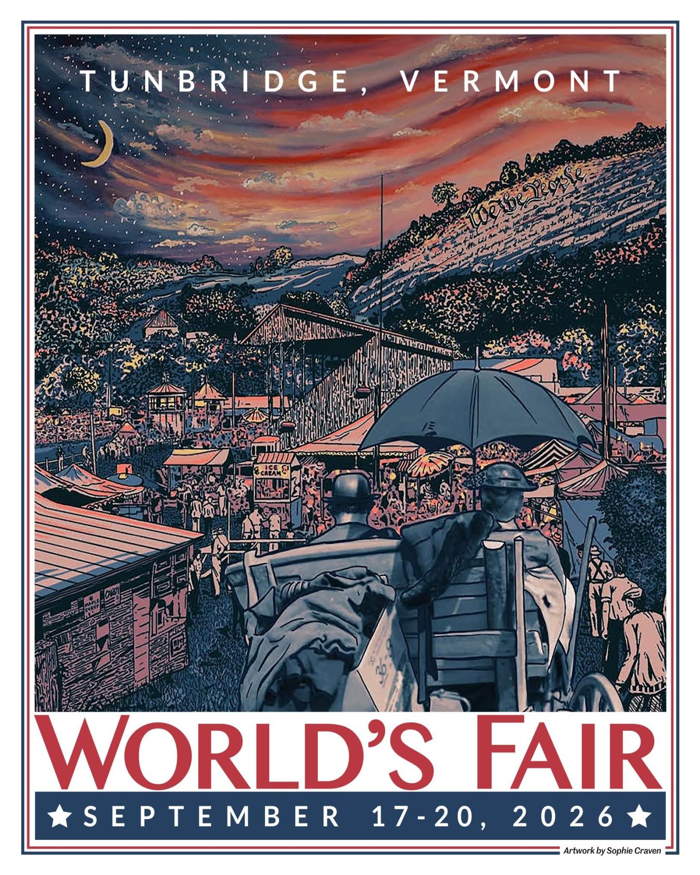 World’s Fair poster, horse-drawn carriage, people in fairground, sunset sky.