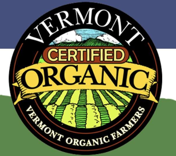 Vermont Organic Farmers logo with farm landscape.