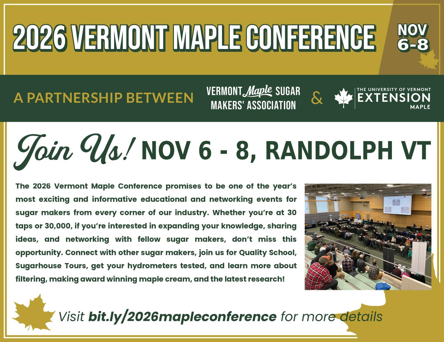 2026 Vermont Maple Conference, Nov 6-8, Randolph VT, partnership logos and event details.